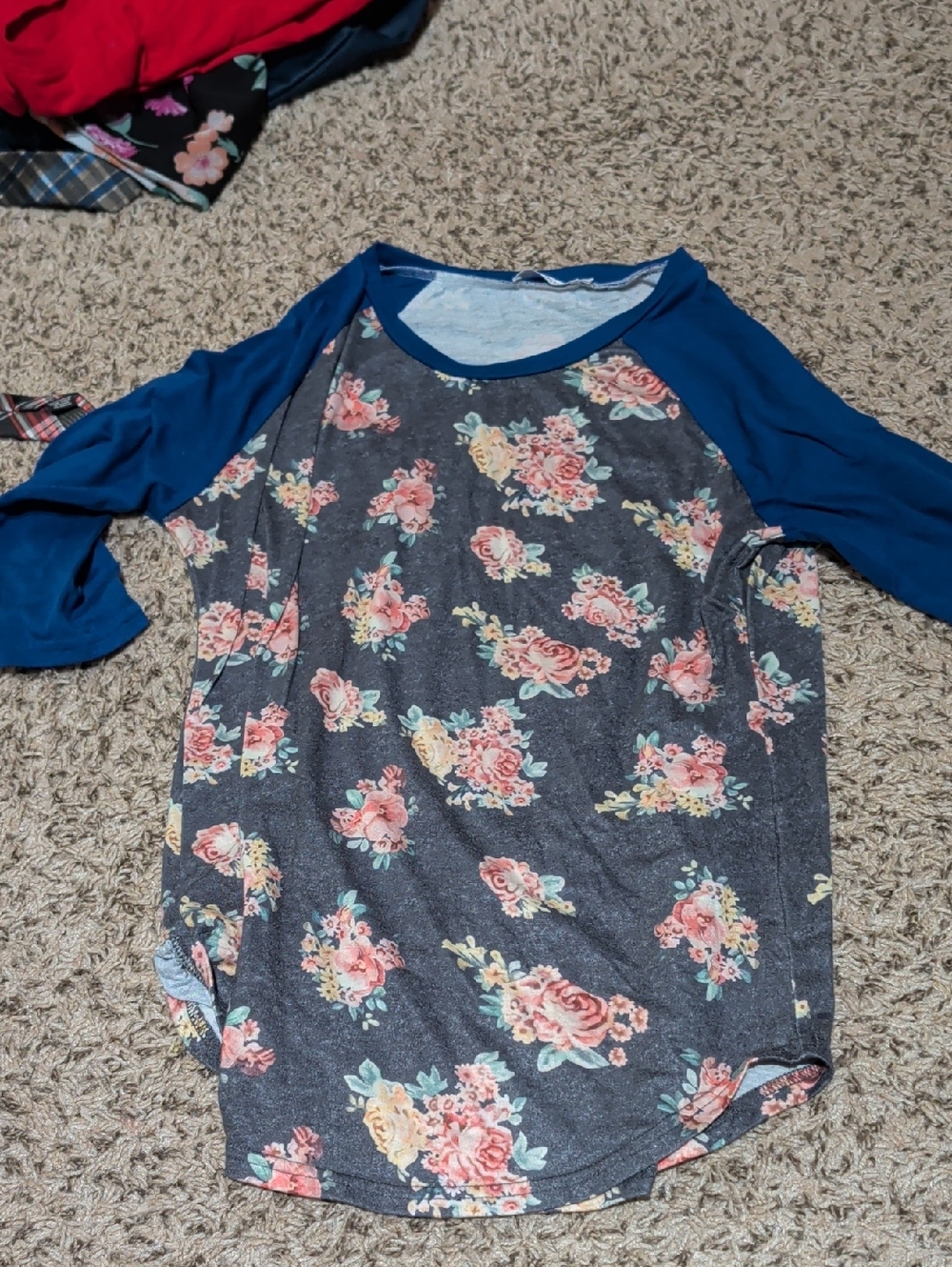 Floral Raglan Short Sleeve Tee in Charcoal and Blue